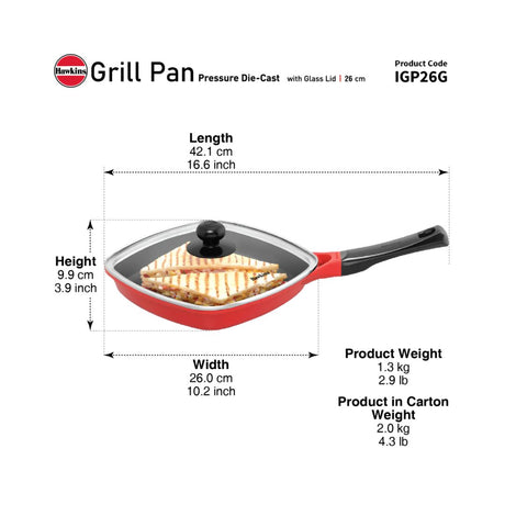 Hawkins Induction Compatible Die Cast Grill Pan with Glass Lid (IGP26G) 26 cm _Dimesnions