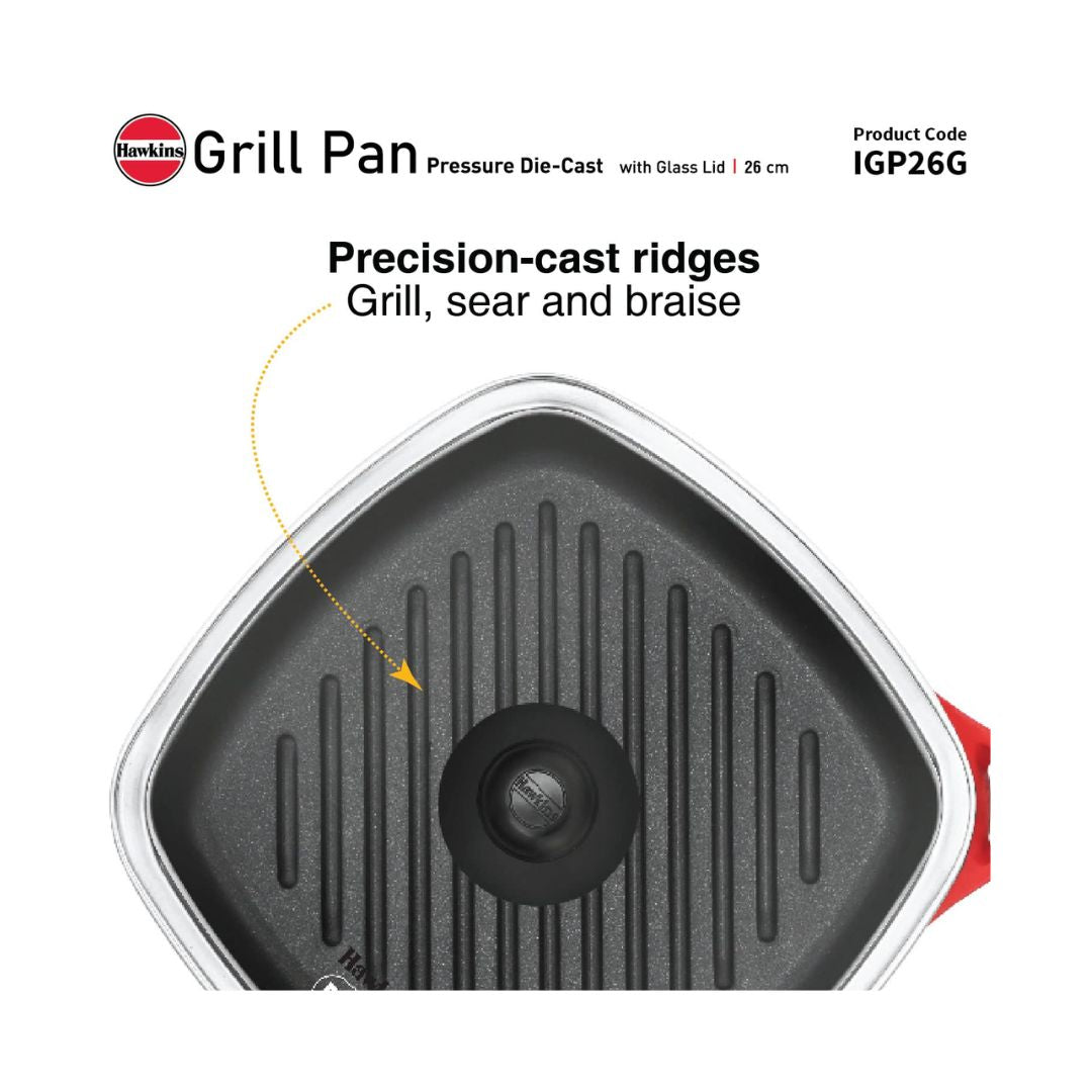 Hawkins Induction Compatible Die Cast Grill Pan with Glass Lid (IGP26G) 26 cm _Features 1