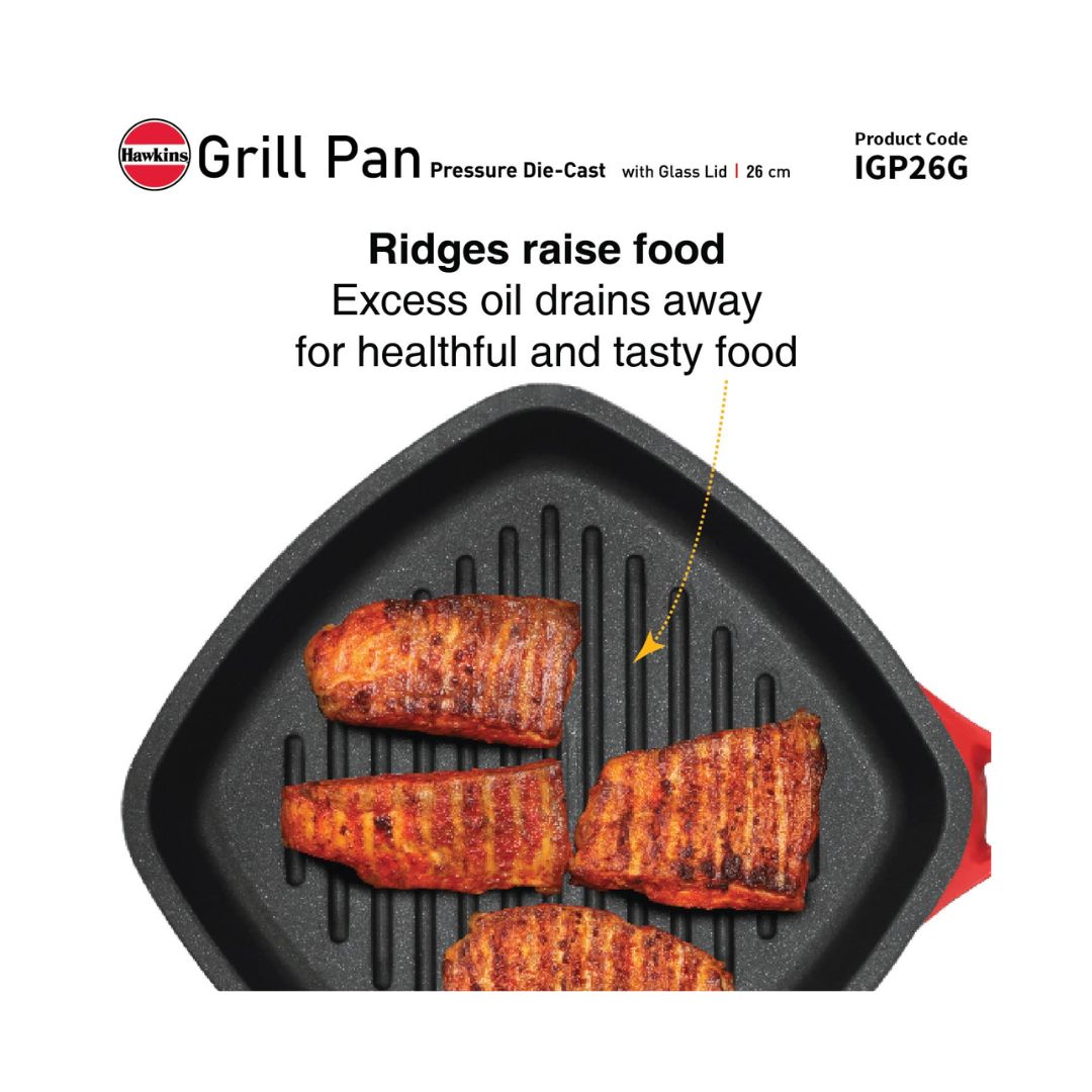 Hawkins Induction Compatible Die Cast Grill Pan with Glass Lid (IGP26G) 26 cm _Features 2