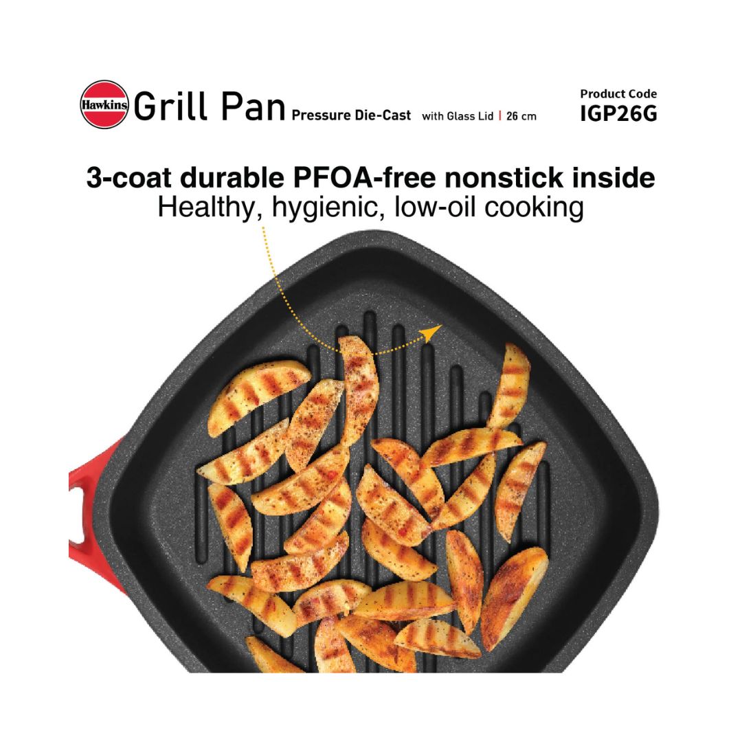 Hawkins Induction Compatible Die Cast Grill Pan with Glass Lid (IGP26G) 26 cm _Features 3