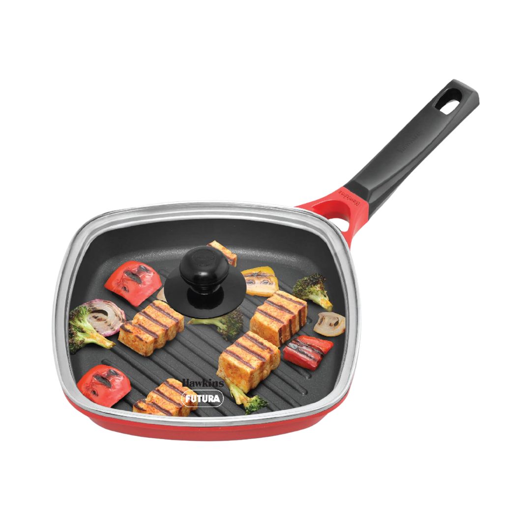 Hawkins Induction Compatible Die Cast Grill Pan with Glass Lid (IGP26G) 26 cm _Front View