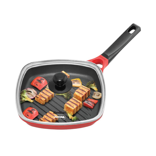 Hawkins Induction Compatible Die Cast Grill Pan with Glass Lid (IGP26G) 26 cm _Front View