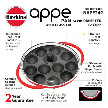 Hawkins Nonstick Appe Pan with Glass Lid (NAPE24G) 24 cm \ 12 Cups - Red_2