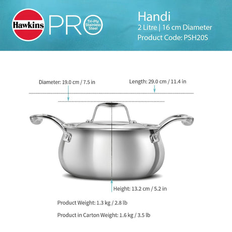Hawkins Pro Tri-Ply Handi with SS Lid (PSH20S) 16 cm_Diemensions