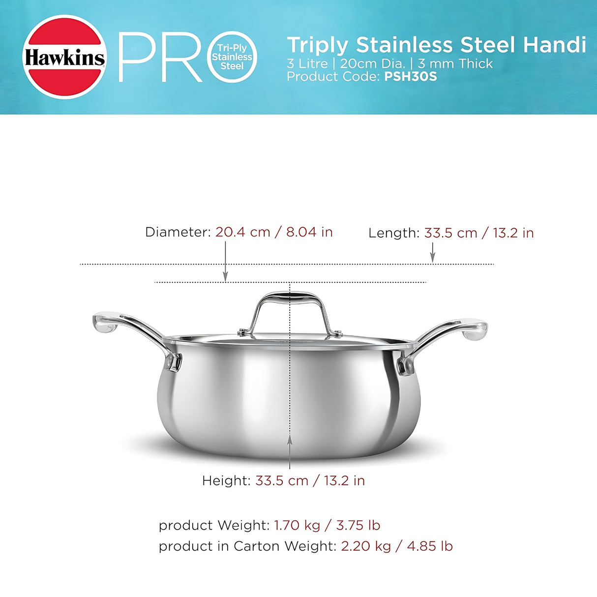 Hawkins Pro Tri-Ply Handi with SS Lid (PSH30S) 20 cm \ 3 L_9