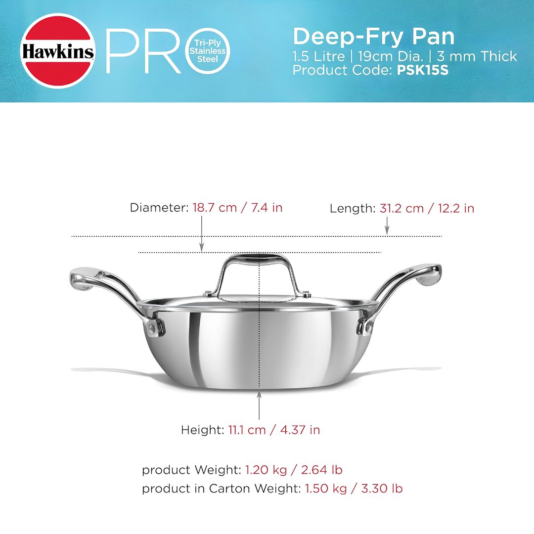 Hawkins Pro Tri-Ply Stainless Steel Deep Fry Pan with Lid (PSK15S) 20 cm_Diemensions