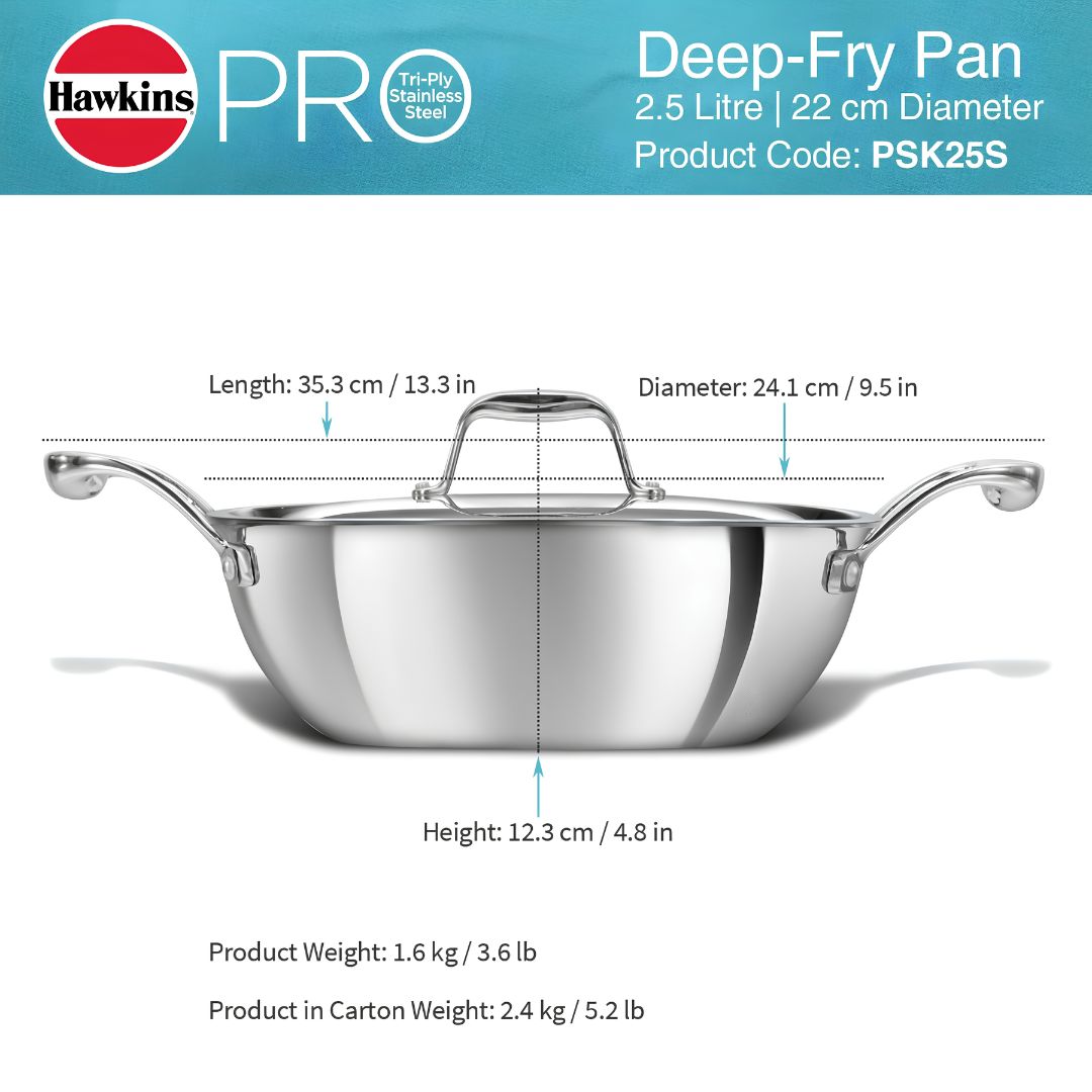 Hawkins Pro Tri-Ply Stainless Steel Deep Fry Pan with Lid (PSK15S) 22 cm_Diemensions
