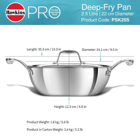 Hawkins Pro Tri-Ply Stainless Steel Deep Fry Pan with Lid (PSK15S) 22 cm_Diemensions