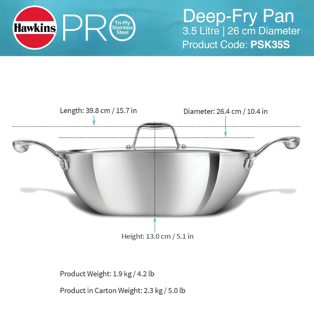 Hawkins Pro Tri-Ply Stainless Steel Deep Fry Pan with Lid (PSK35S) 26 cm_Diemensions