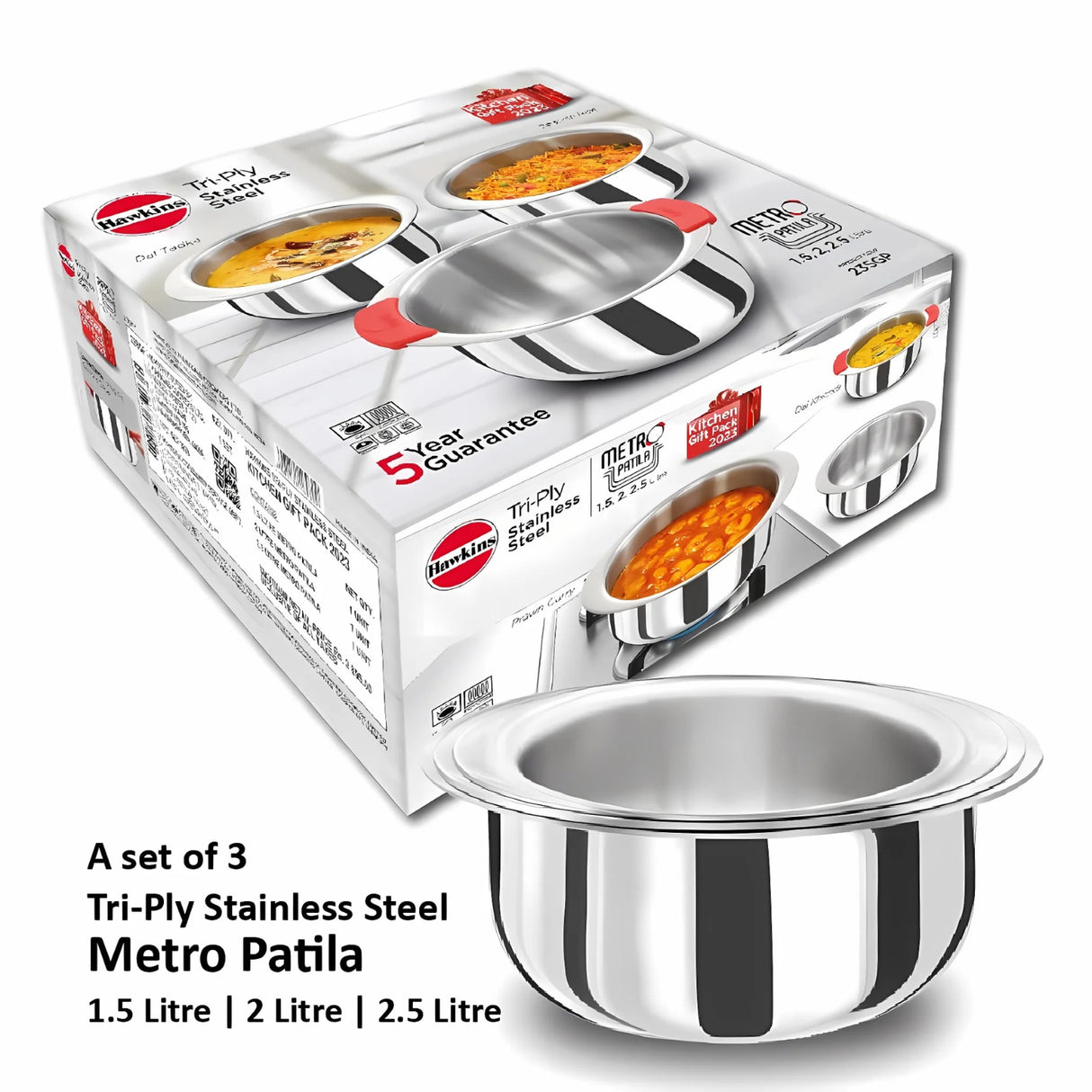 Hawkins SS Triply Metro Patila (23SGP) Combo Set 1.5 L 2 L 2.5 L - Silver_2