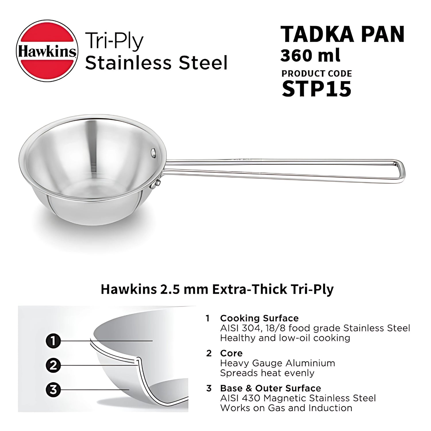 Hawkins Tri-Ply Cups Tadka Pan SS (STP15) 1.5 L_2
