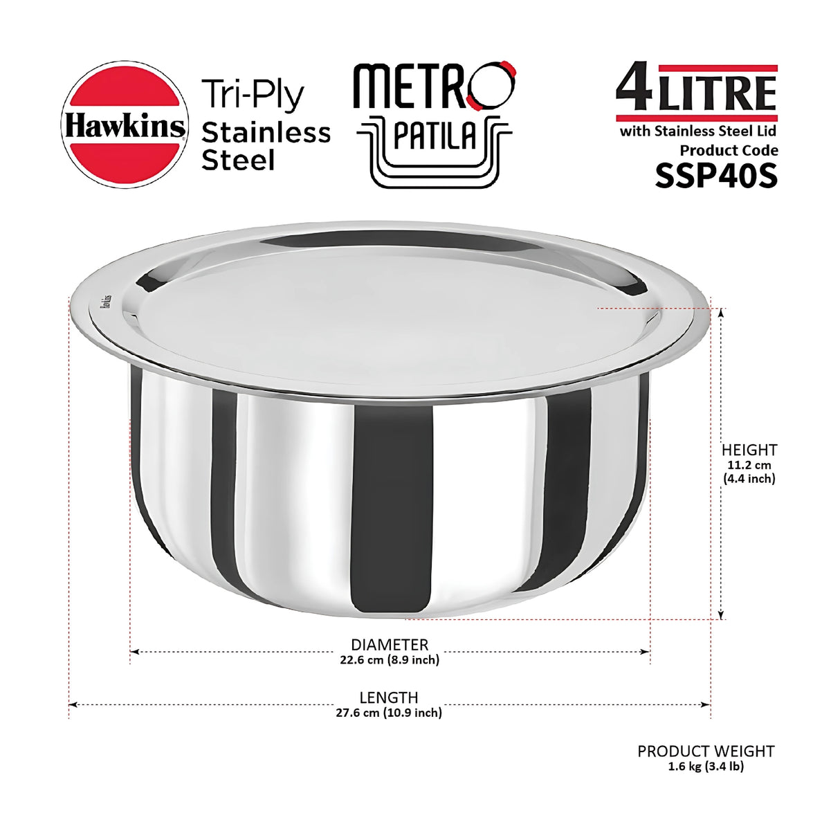 Hawkins Tri-Ply Patila with SS Lid (SSP40S) 4 L_5