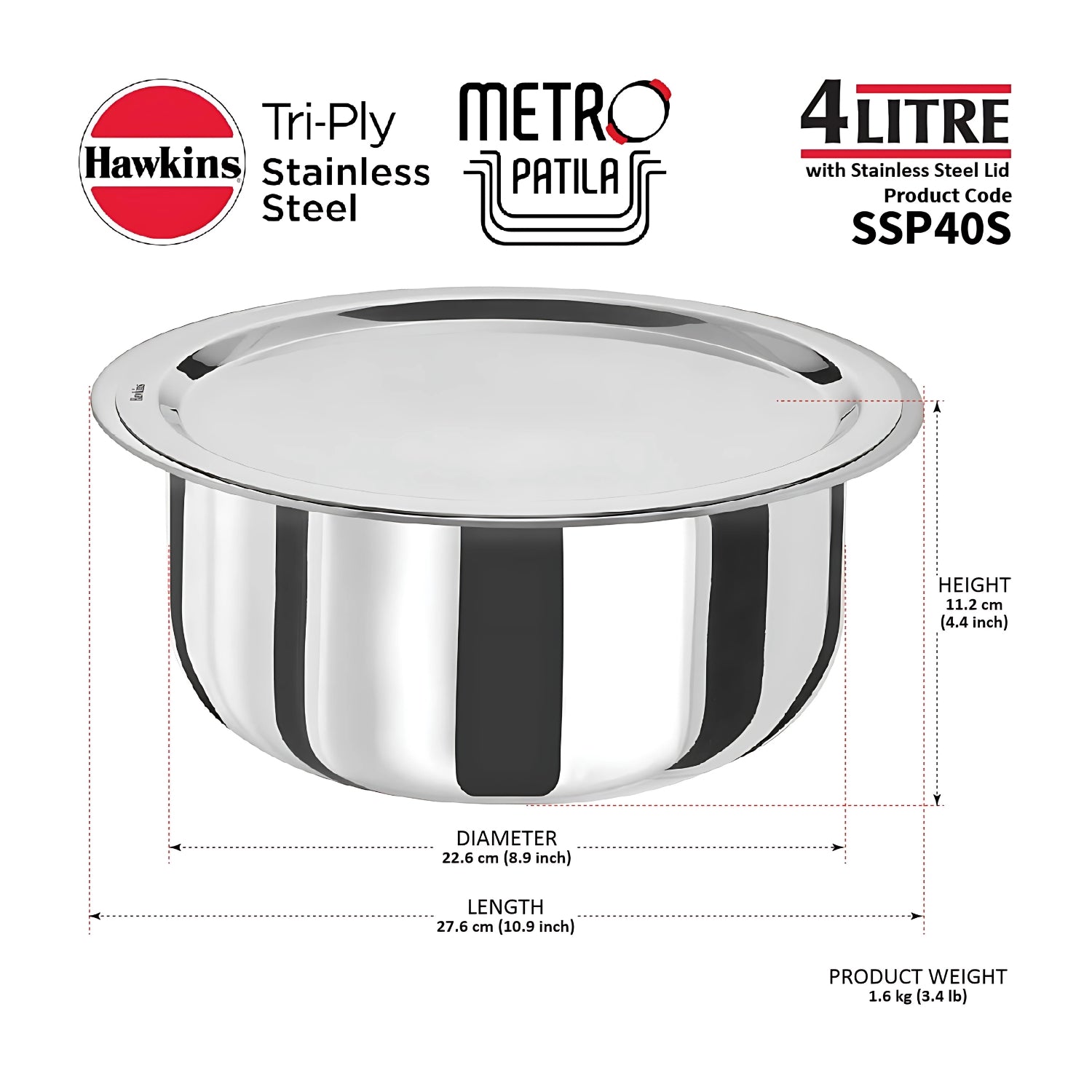 Hawkins Tri-Ply Patila with SS Lid (SSP40S) 4 L_5