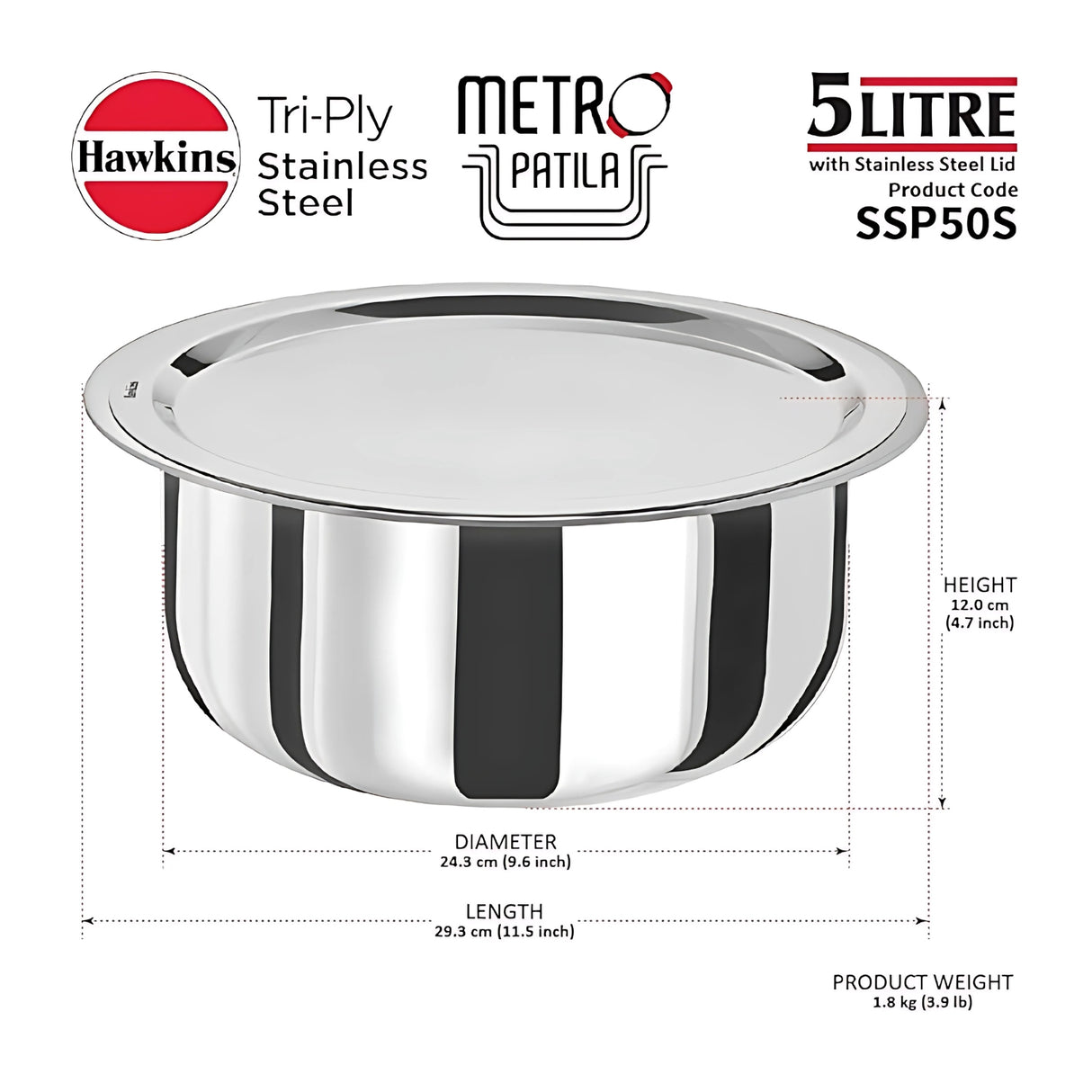 Hawkins Tri-Ply Patila with Stainless Steel Lid (SSP50S) 5 L_5