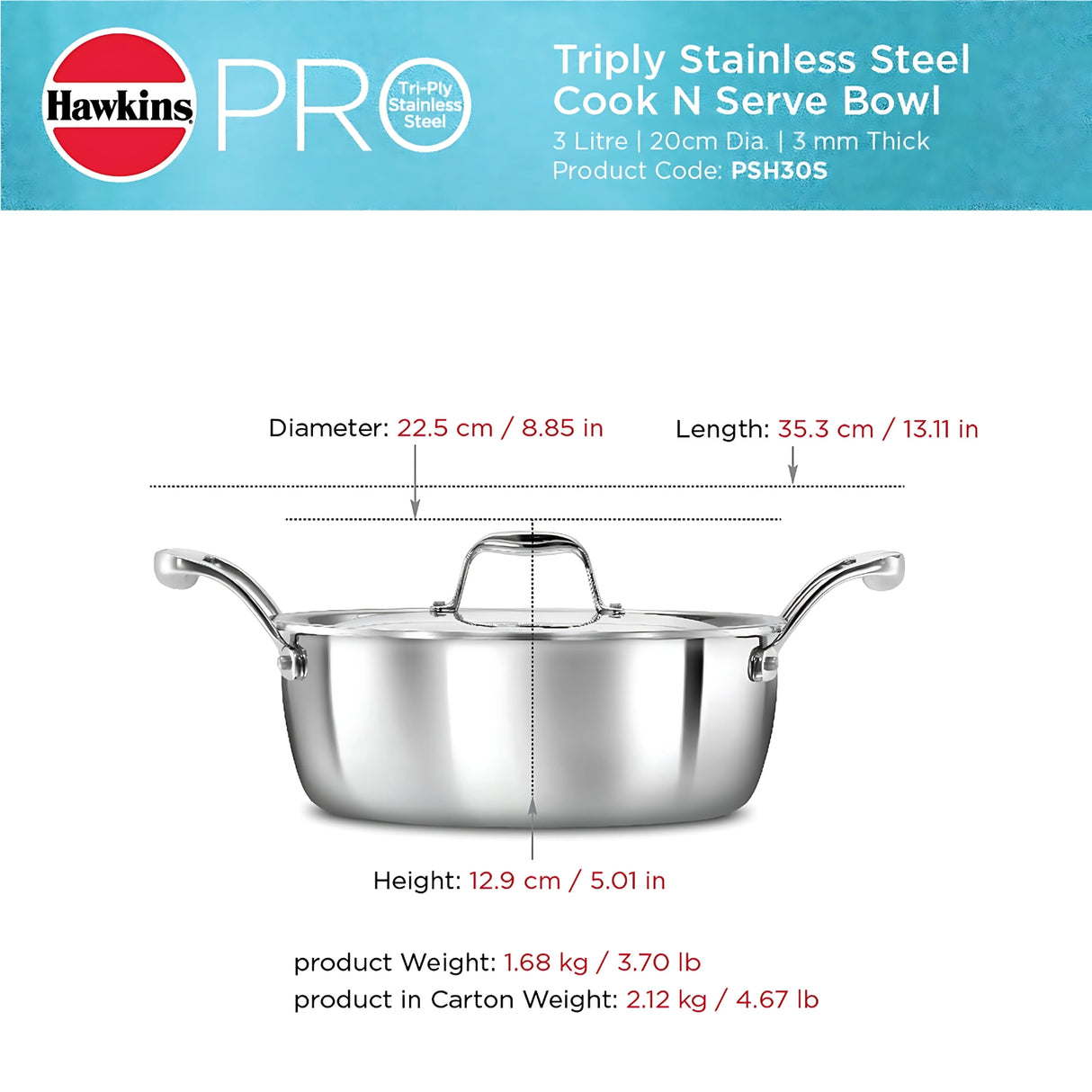 Hawkins Tri-Ply Pro CnS Bowl with SS Lid (PSC30S) 3 L_9