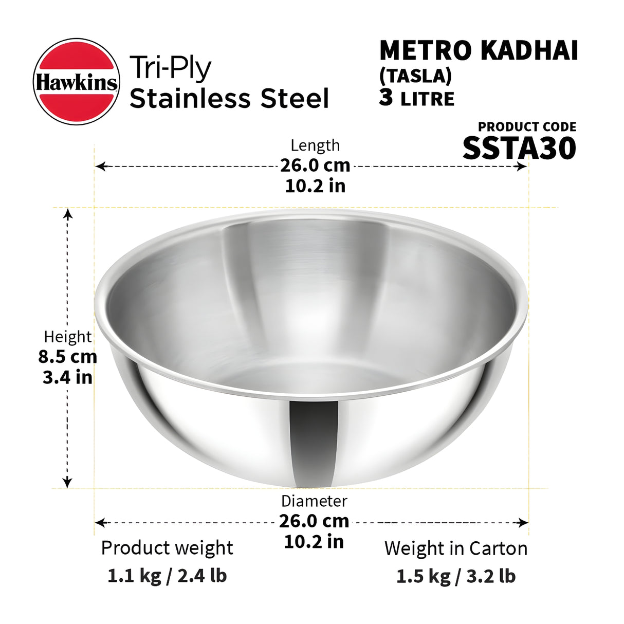 Hawkins Tri-Ply SS Metro Kadai (SSTA30) 26 cm \ 3 L_9