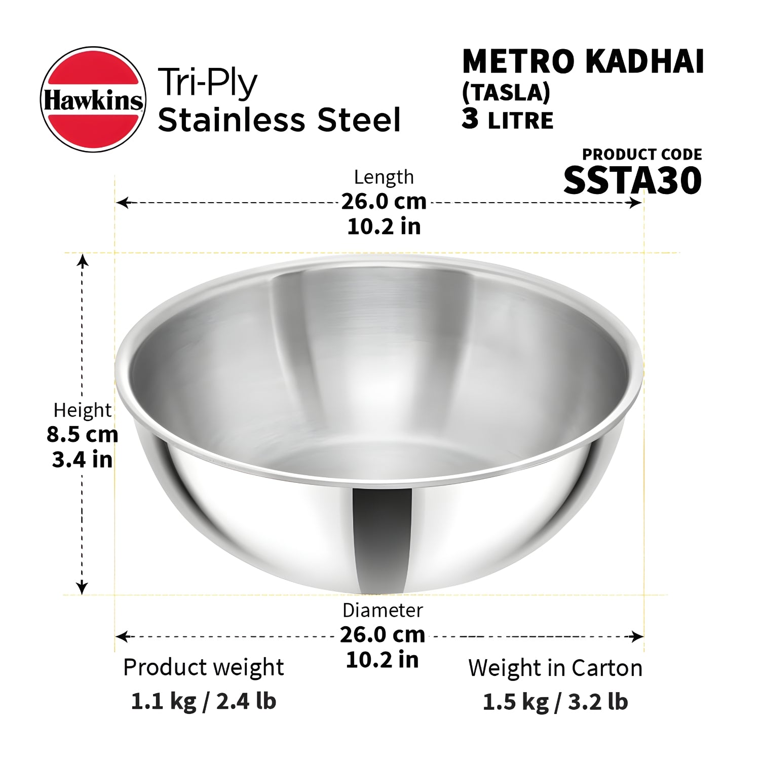 Hawkins Tri-Ply SS Metro Kadai (SSTA30) 26 cm \ 3 L_9