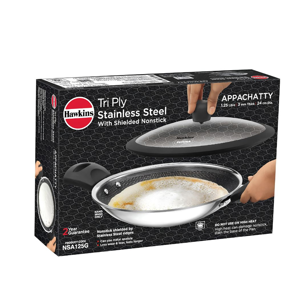 Hawkins Triply SS Appachatty Nonstick Shielded with Glass Lid (NSA125G) 24 cm _ 1.25 L - Box View