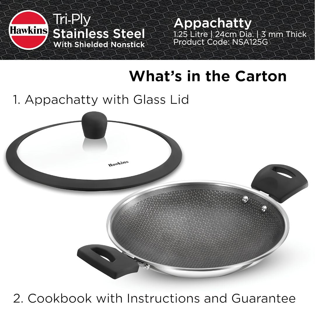 Hawkins Triply SS Appachatty Nonstick Shielded with Glass Lid (NSA125G) 24 cm _ 1.25 L - _Carton