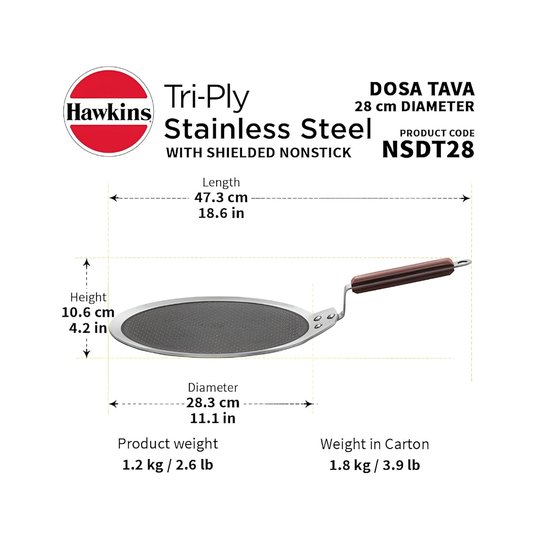 Hawkins Triply SS Shielded Non Stick Dosa Tawas with Rosewood Handle (NSDT28) 28 cm - Silver_Dimension