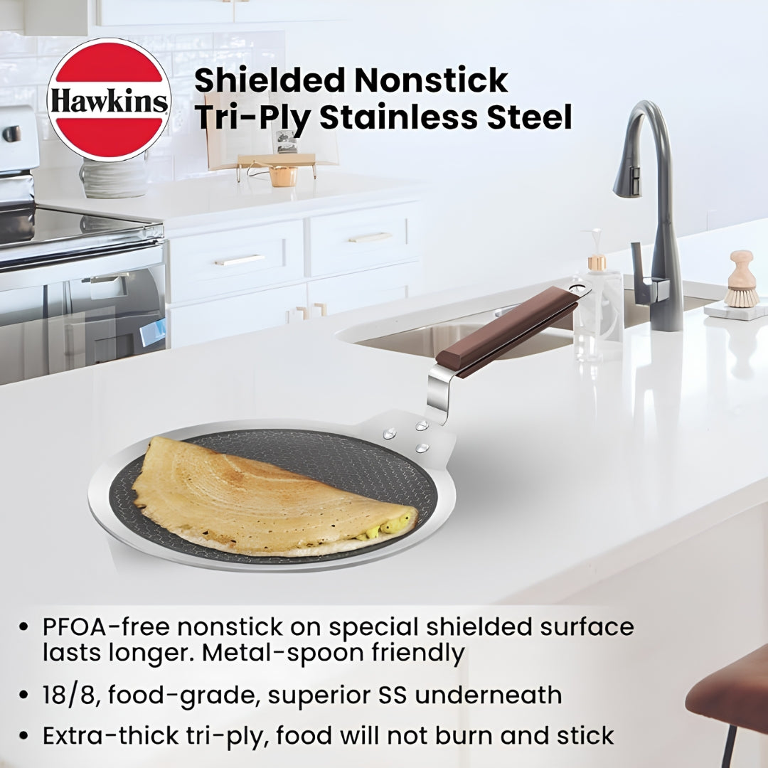 Hawkins Triply SS Shielded Non Stick Dosa Tawas with Rosewood Handle (NSDT28) 28 cm - Silver_Features1