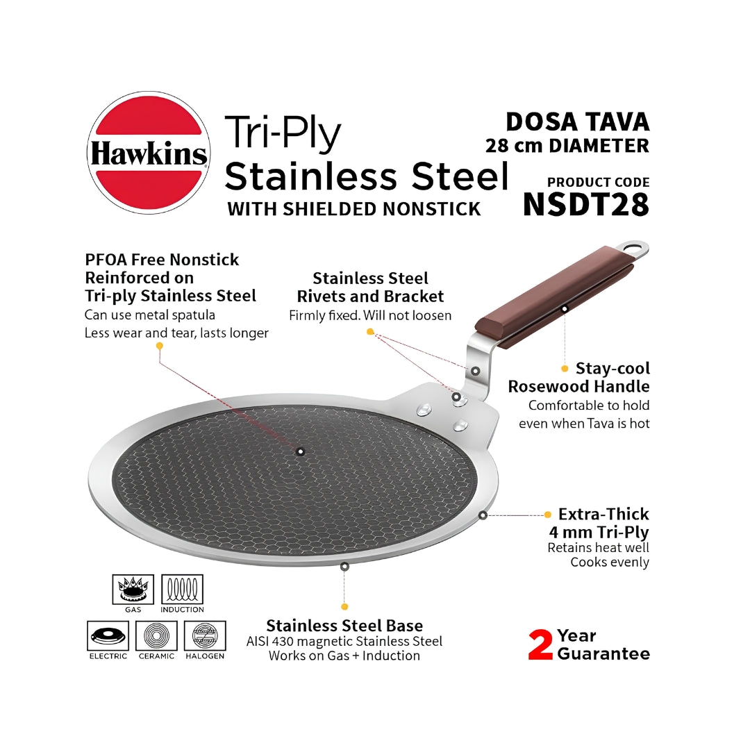 Hawkins Triply SS Shielded Non Stick Dosa Tawas with Rosewood Handle (NSDT28) 28 cm - Silver_Features2