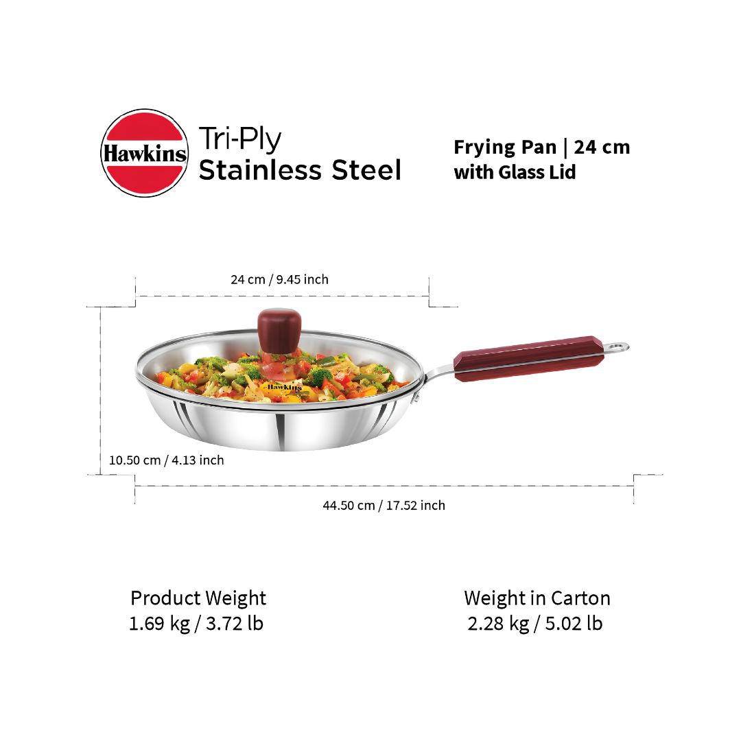 Hawkins Triply Stainless Steel Frying Pan with Glass Lid (SSF24G) 24 cm_Diemensions
