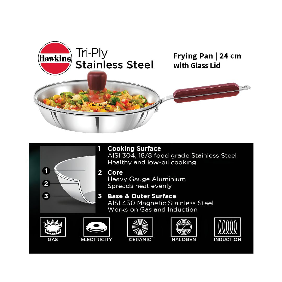 Hawkins Triply Stainless Steel Frying Pan with Glass Lid (SSF24G) 24 cm_Features 2