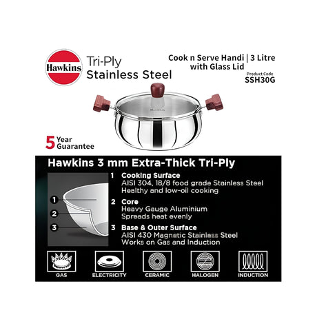 Hawkins Triply Stainless Steel Induction Compatible Handi with Glass Lid (SSH30G) 3 L_Features1