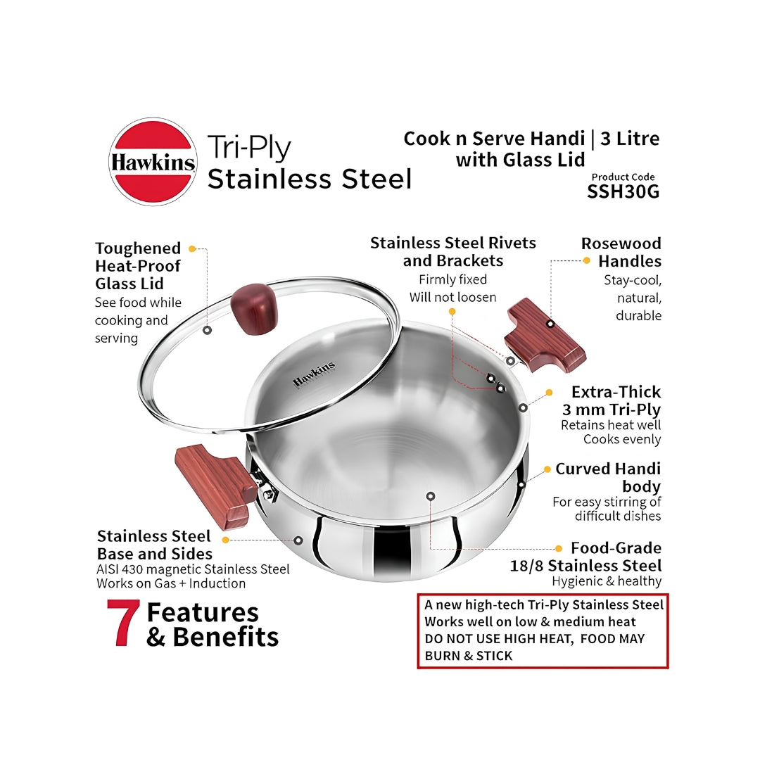 Hawkins Triply Stainless Steel Induction Compatible Handi with Glass Lid (SSH30G) 3 L_Features2