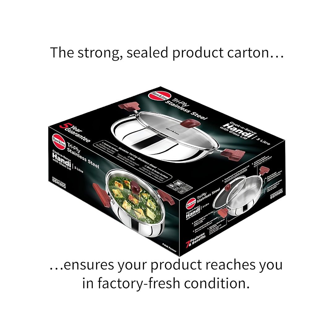 Hawkins Triply Stainless Steel Induction Compatible Handi with Glass Lid (SSH30G) 3 L_box image