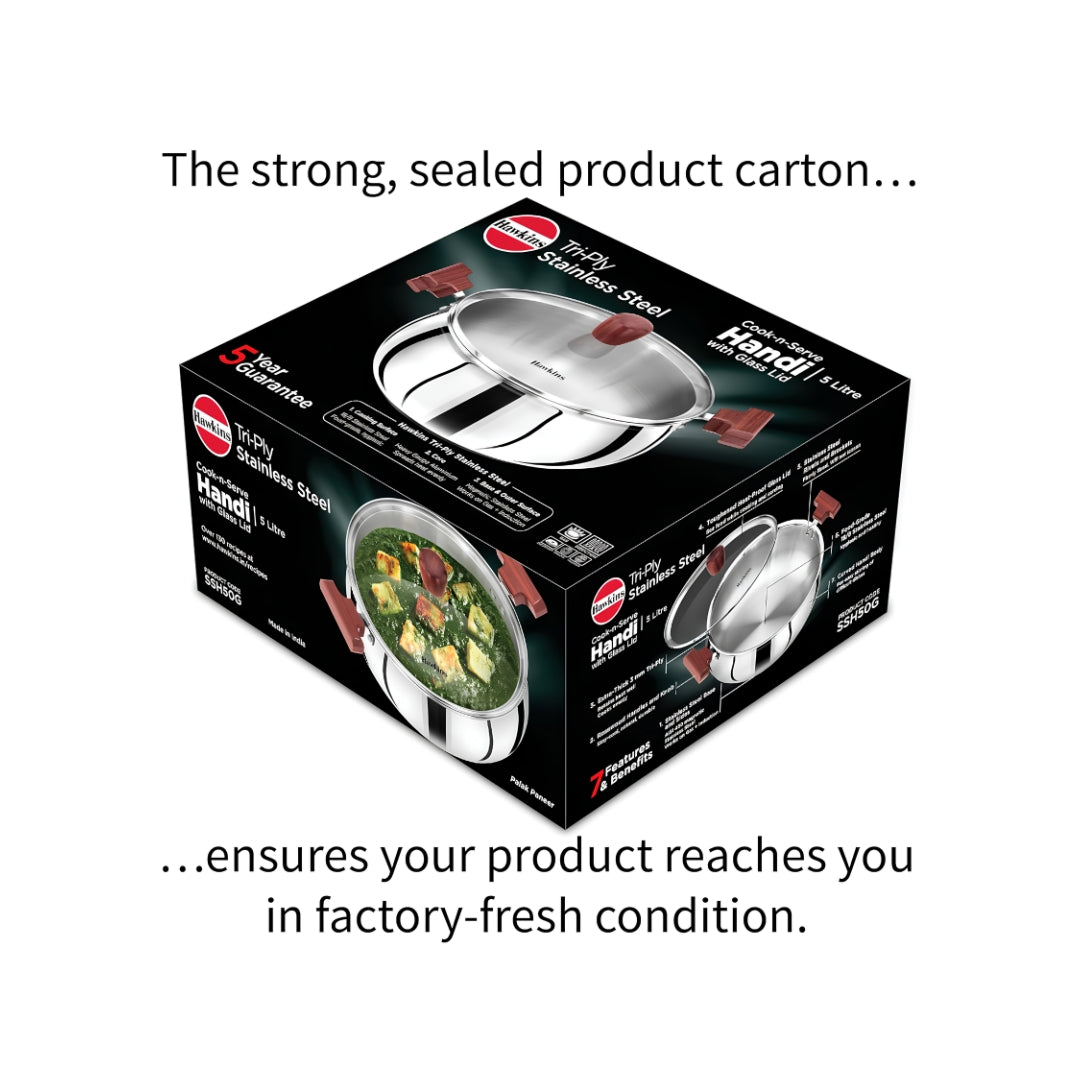 Hawkins Triply Stainless Steel Induction Compatible Handi with Glass Lid (SSH50G) 5 L_Box Image