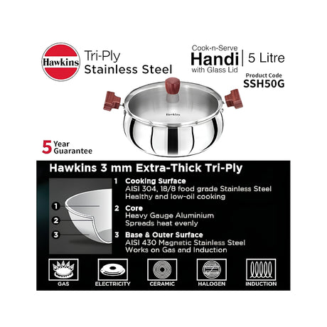 Hawkins Triply Stainless Steel Induction Compatible Handi with Glass Lid (SSH50G) 5 L_Features1