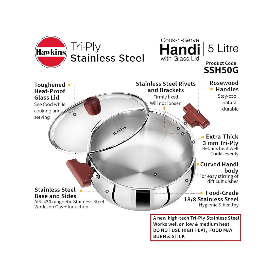 Hawkins Triply Stainless Steel Induction Compatible Handi with Glass Lid (SSH50G) 5 L_Features2