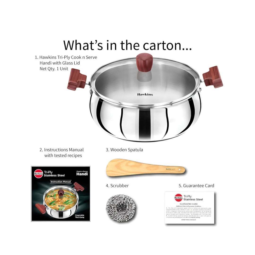 Hawkins Triply Stainless Steel Induction Compatible Handi with Glass Lid (SSH50G) 5 L_Package Content