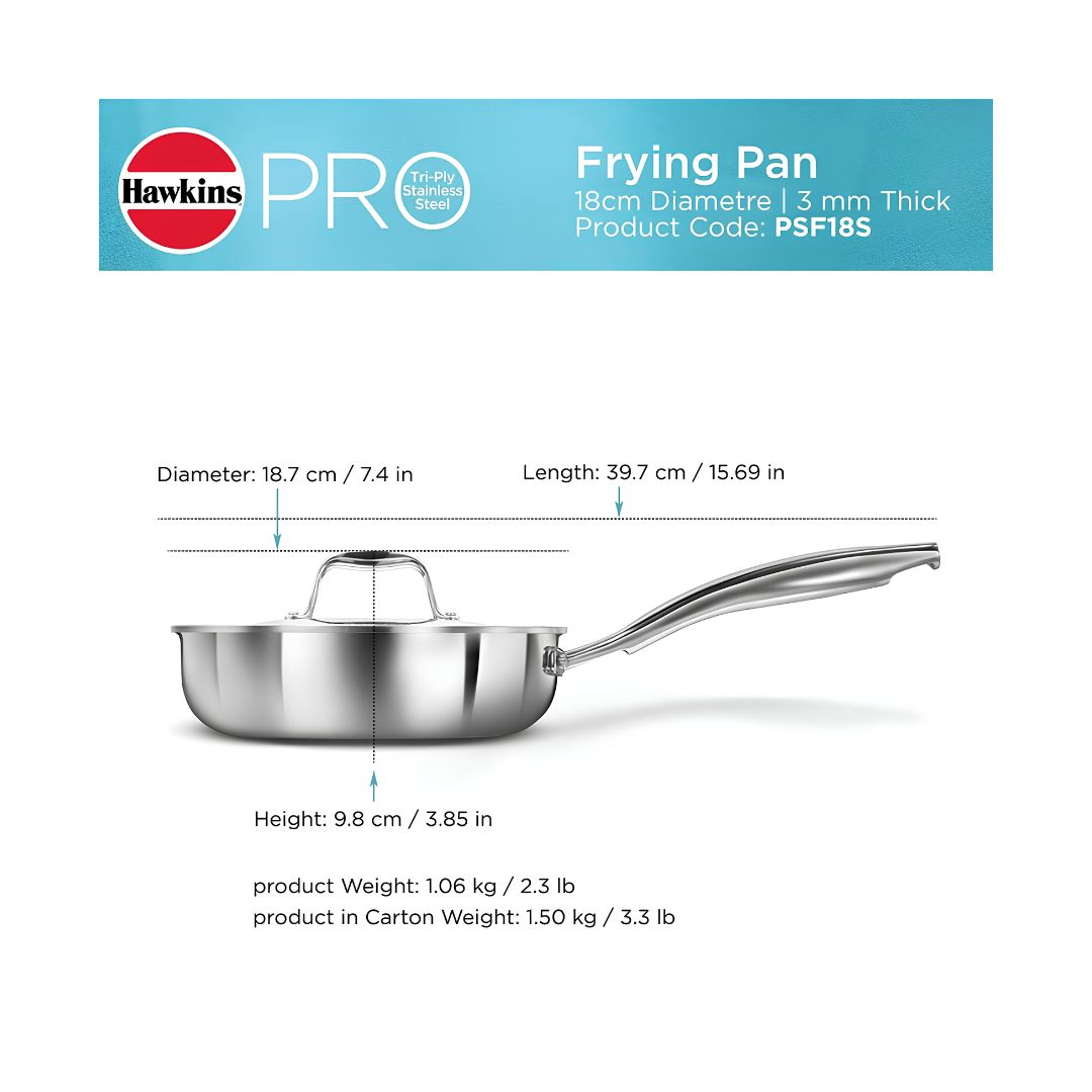 Hawkins Triply Stainless Steel Pro Frying Pan with SS Lid (PSF18S) 18 cm_Dimensions
