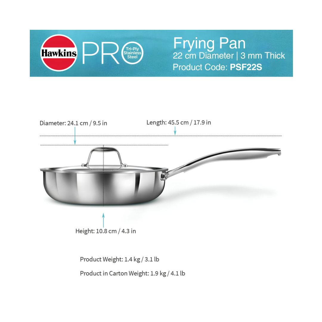Hawkins Triply Stainless Steel Pro Frying Pan with SS Lid (PSF22S) 22 cm_Dimensions