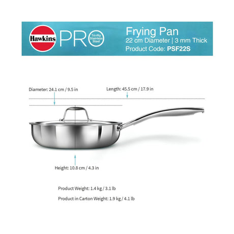 Hawkins Triply Stainless Steel Pro Frying Pan with SS Lid (PSF22S) 22 cm_Dimensions