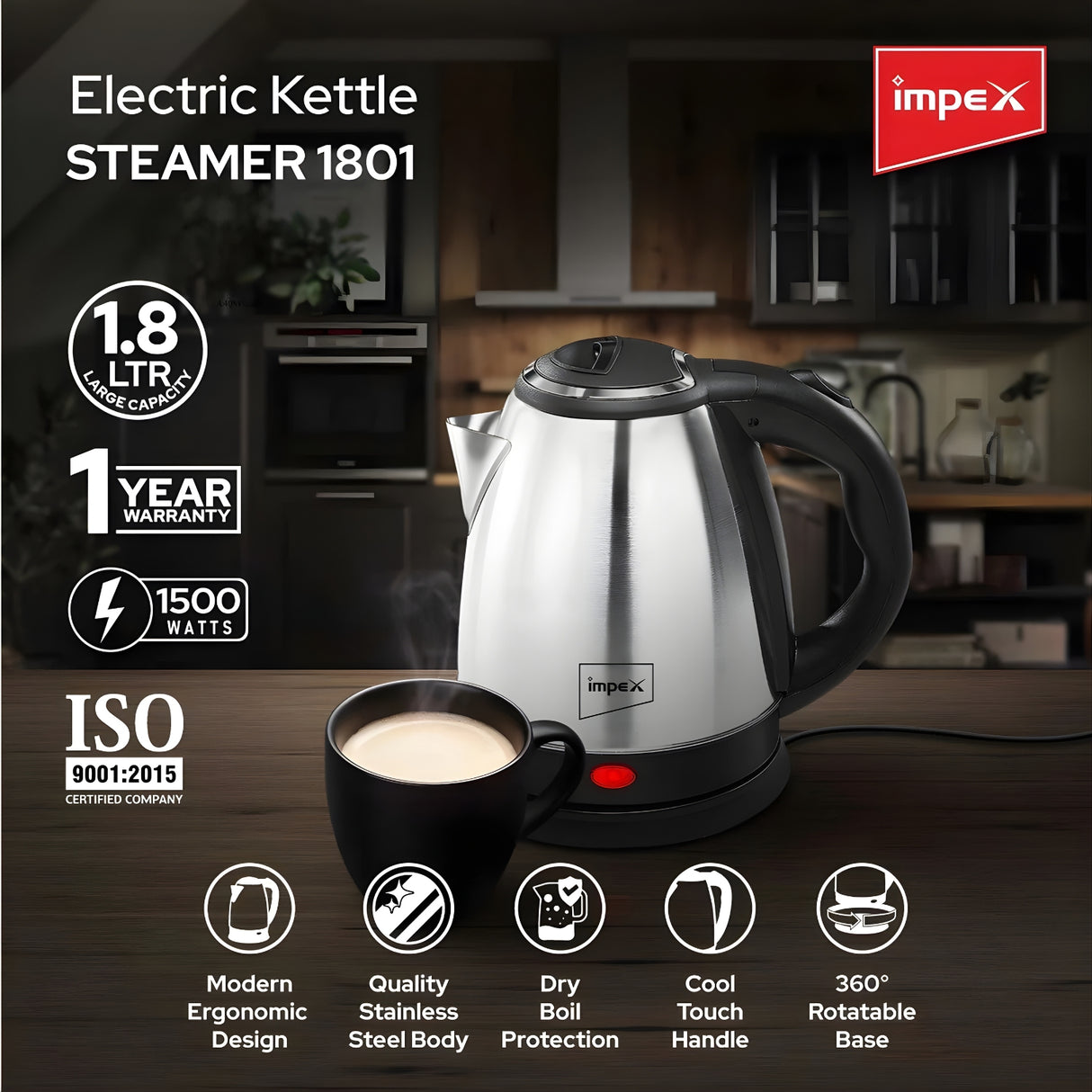 IMPEX Steamer 1801 Stainless Steel Electric Kettle 1.8 L - Silver_2