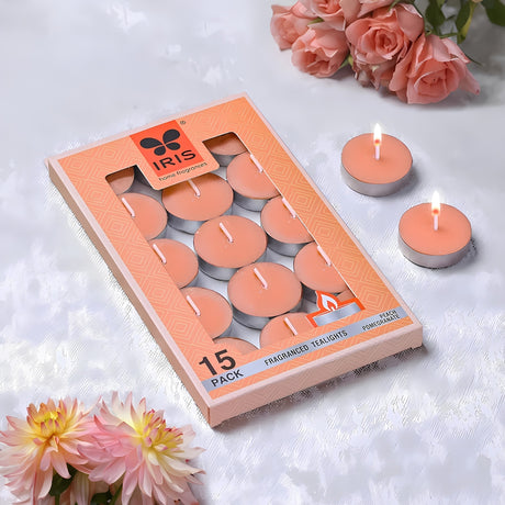 IRIS Pack of 15 Fragranced Tealights-PeachPomegranate_Isometric