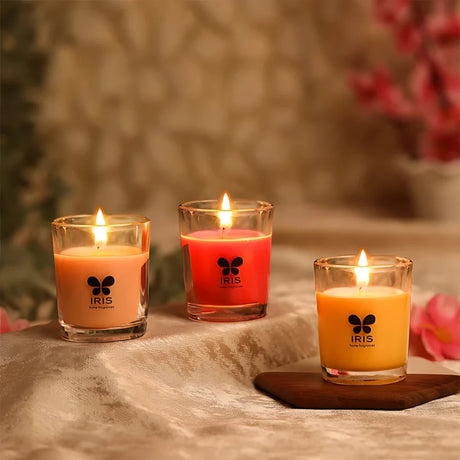 IRIS Set of 3 Short Glass Scented Candles-DamaskRose_PeachPomegranate_MangoSorbet_Features