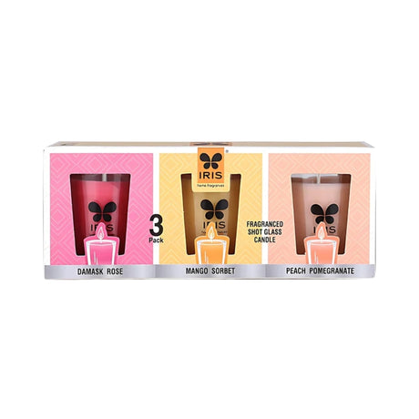 IRIS Set of 3 Short Glass Scented Candles-DamaskRose_PeachPomegranate_MangoSorbet_Front