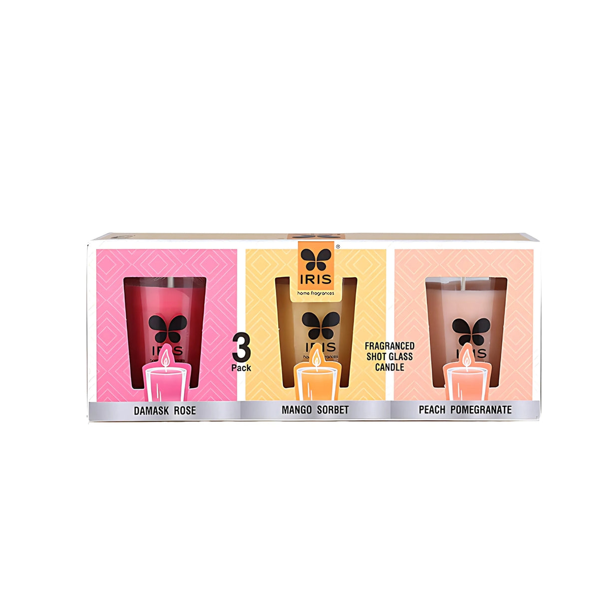 IRIS Set of 3 Short Glass Scented Candles - Damask Rose, Peach Pomegranate, Mango Sorbet_1