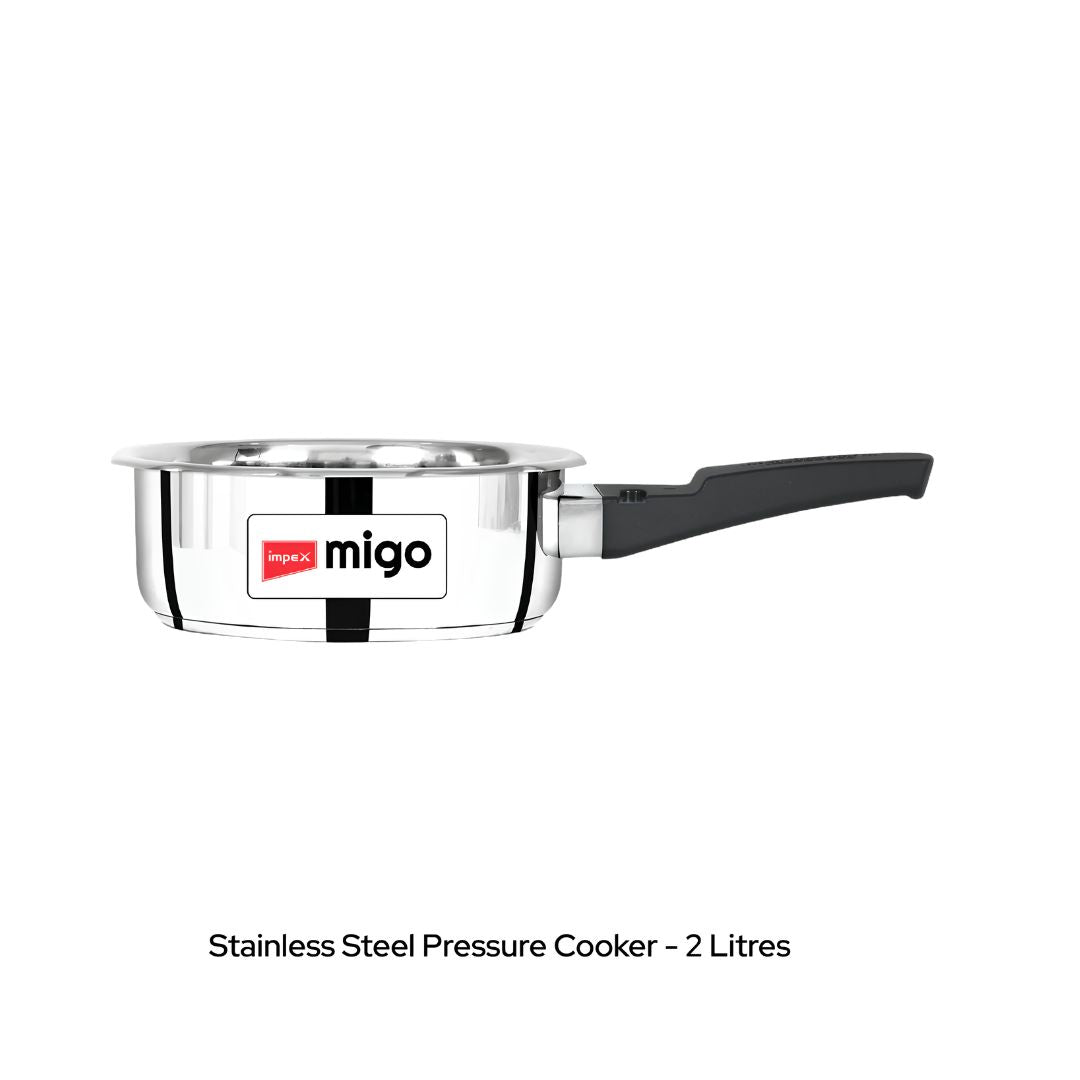 Impex Migo Stainless Steel Pressure Cooker Combo Pack 2 L 3 L 5 L _2L Pressure Cooker Bottom Front View