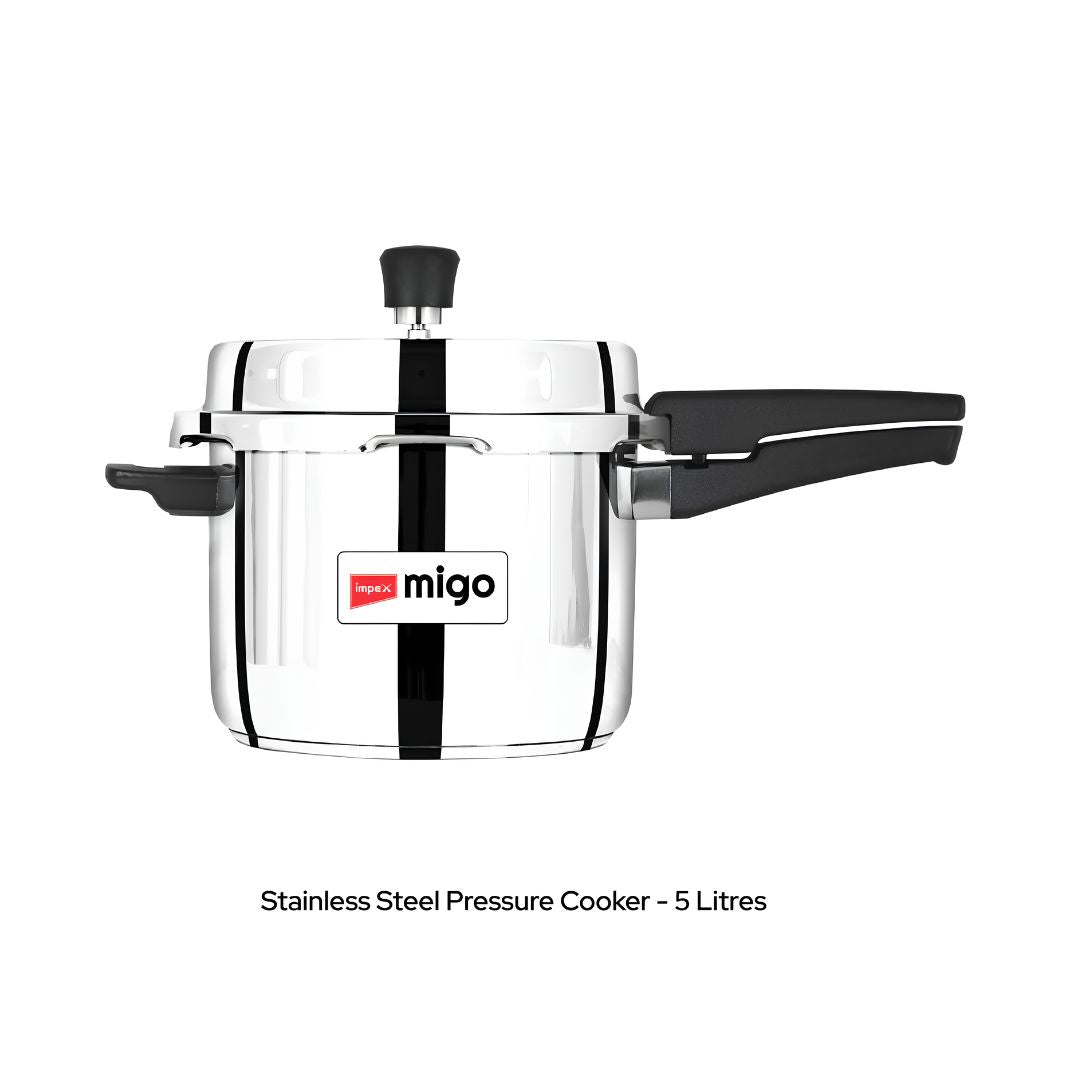 Impex Migo Stainless Steel Pressure Cooker Combo Pack 2 L 3 L 5 L _5L Pressure Cooker Front View