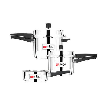 Impex Migo Stainless Steel Pressure Cooker Combo Pack 2 L 3 L 5 L _Front View