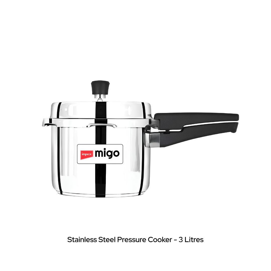 Impex Migo Stainless Steel Pressure Cooker Combo Pack 2 L 3 L 5 L _ 3 L Pressure Cooker Front View