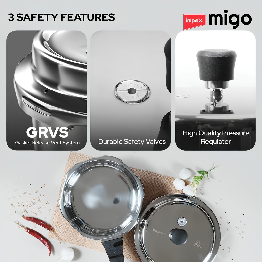 Impex Migo Stainless Steel Pressure Cooker Combo Pack 2 L 3 L 5 L _features 1