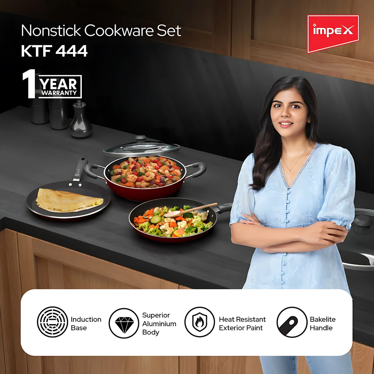 Impex Nonstick Cookware Set 24 cm - 3 Pcs Set Maroon_2
