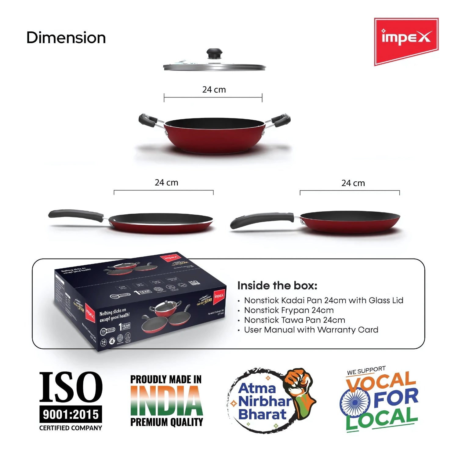 Impex Nonstick Cookware Set 24 cm - 3 Pcs Set Maroon_5